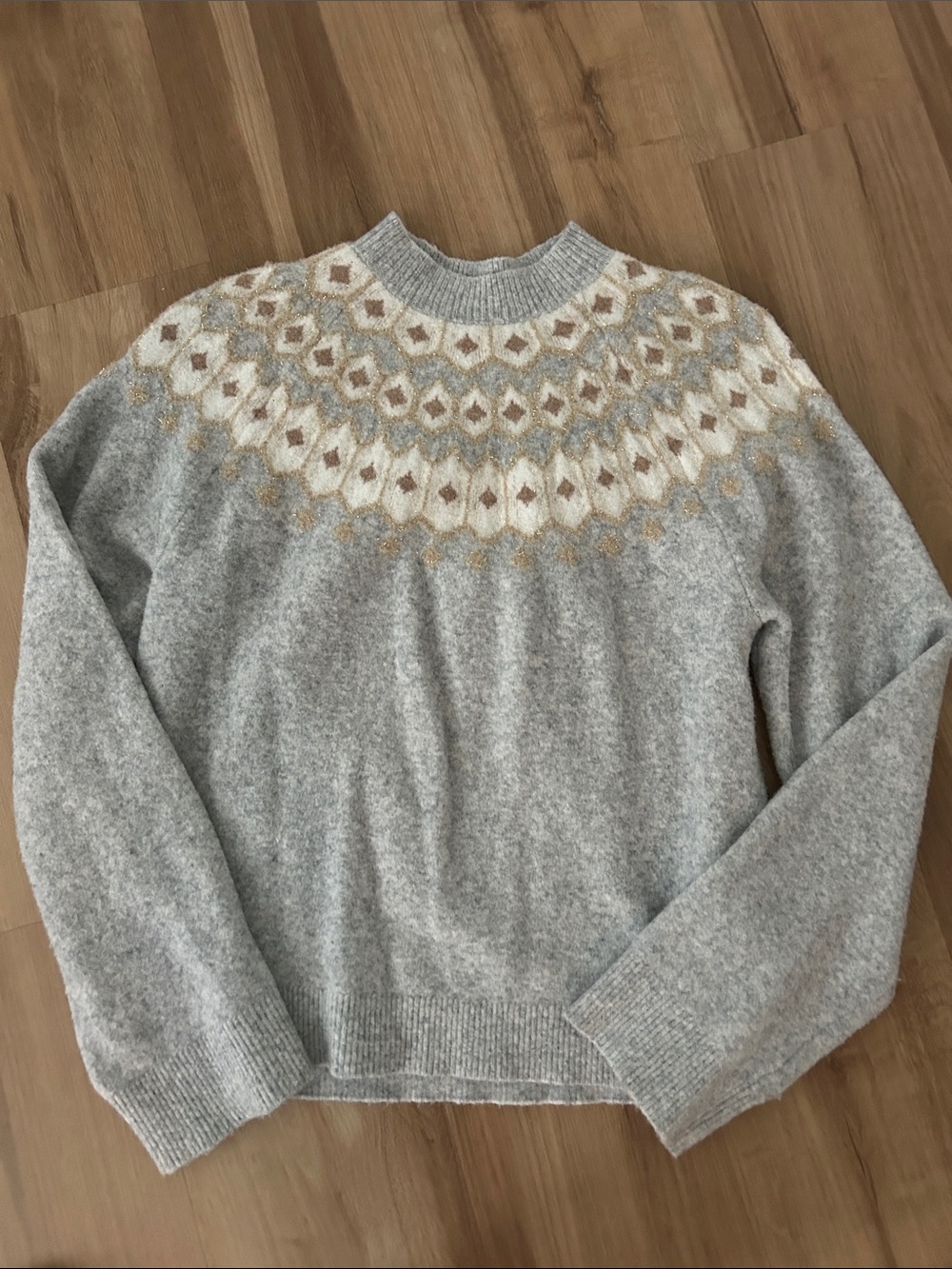 J. Crew Gray Fair Isle Crewneck Sweater with Cream and Tan Pattern